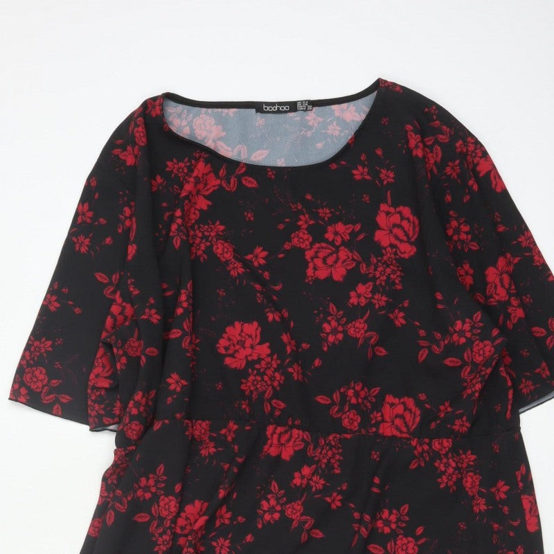 Boohoo Women Black Red Floral Fit & Flare Ruffle Dress UK 20