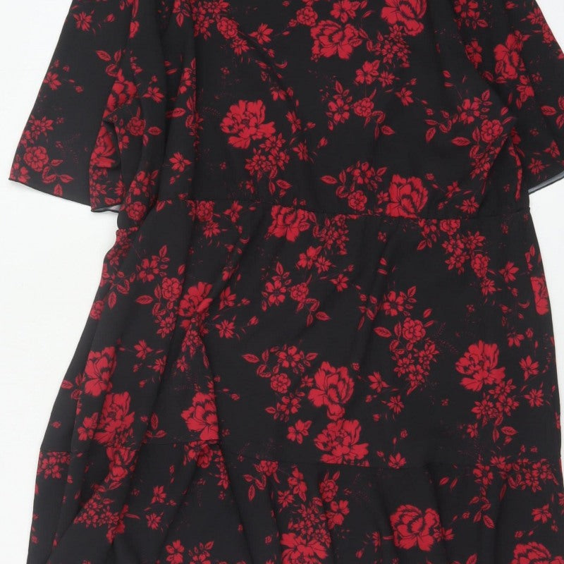 Boohoo Women Black Red Floral Fit & Flare Ruffle Dress UK 20