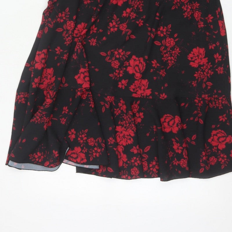 Boohoo Women Black Red Floral Fit & Flare Ruffle Dress UK 20