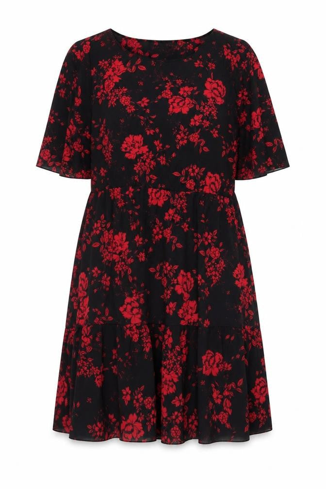 Boohoo Women Black Red Floral Fit & Flare Ruffle Dress UK 20