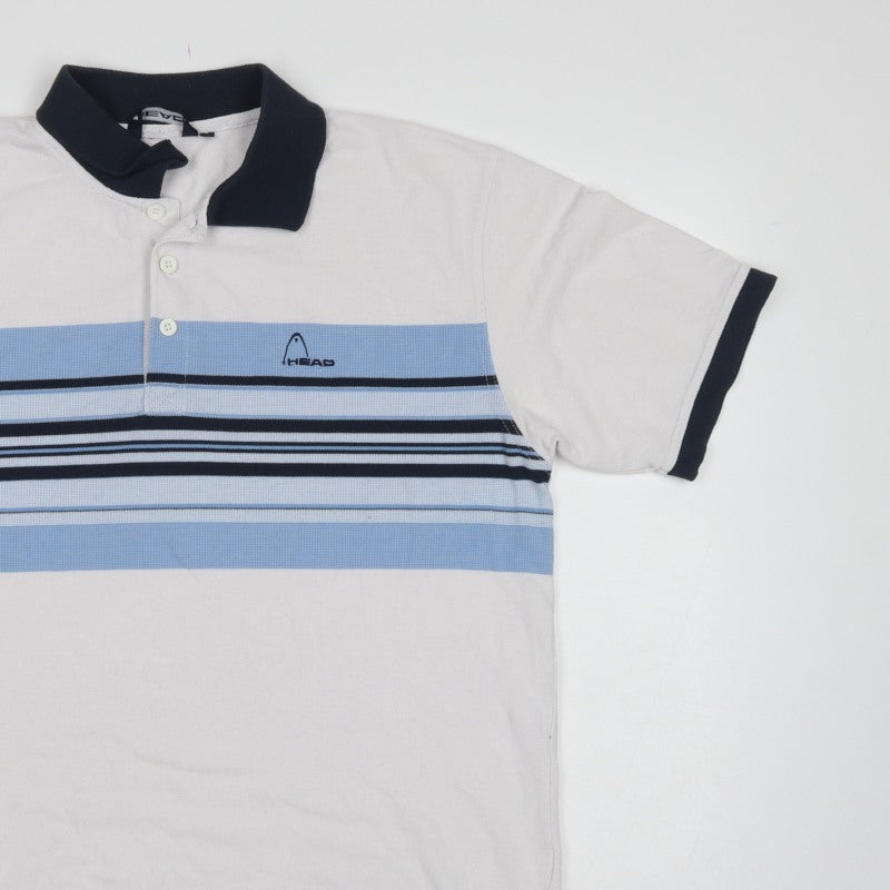 Head Men's White Blue Striped Logo Polo Shirt L Short Sleeve