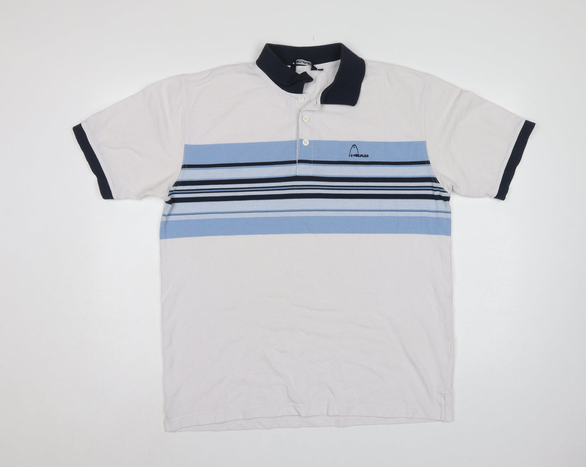 Head Men's White Blue Striped Logo Polo Shirt L Short Sleeve