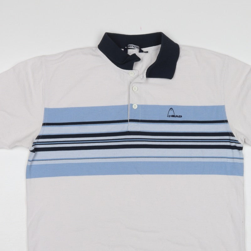 Head Men's White Blue Striped Logo Polo Shirt L Short Sleeve