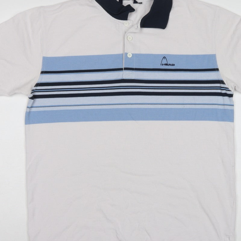 Head Men's White Blue Striped Logo Polo Shirt L Short Sleeve