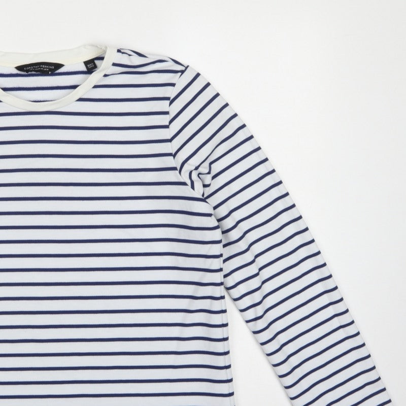 Dorothy Perkins Women White Navy Stripe Long Sleeve Basic T-Shirt UK 14