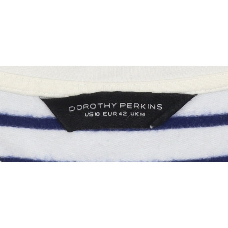Dorothy Perkins Women White Navy Stripe Long Sleeve Basic T-Shirt UK 14
