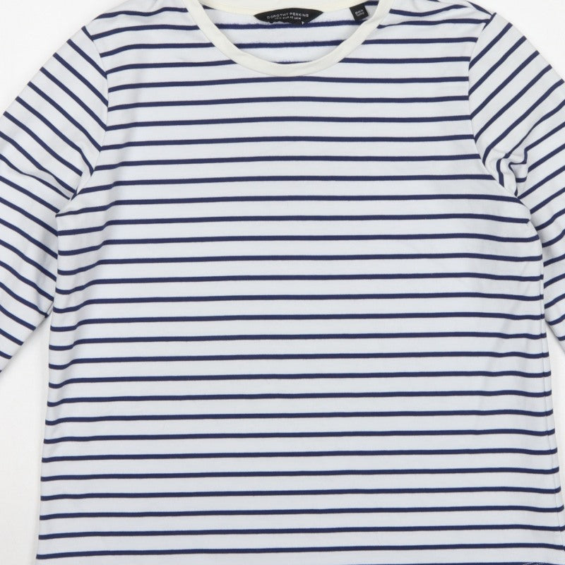 Dorothy Perkins Women White Navy Stripe Long Sleeve Basic T-Shirt UK 14
