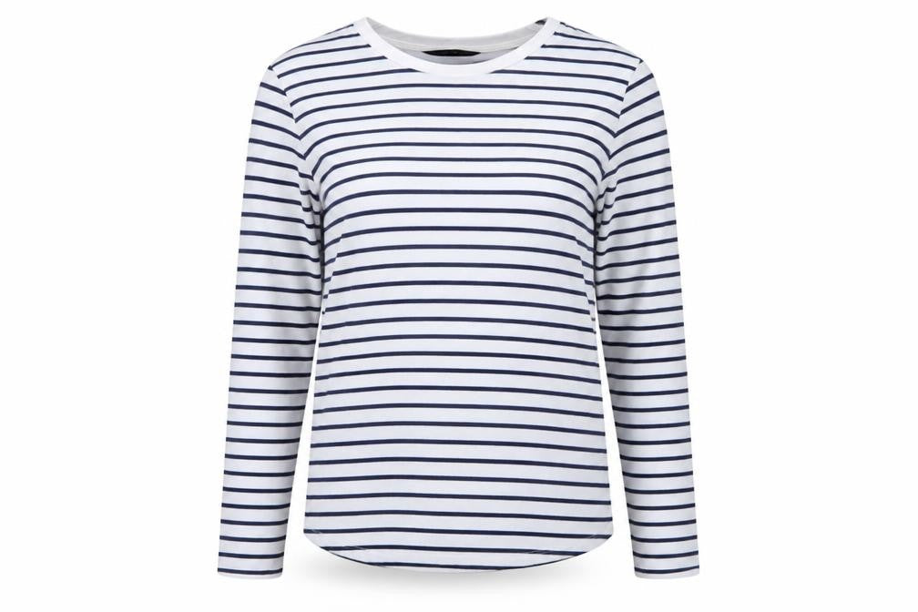 Dorothy Perkins Women White Navy Stripe Long Sleeve Basic T-Shirt UK 14