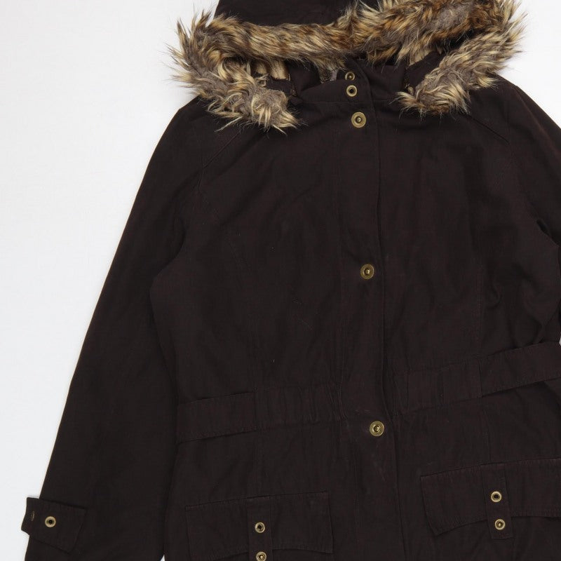 CC Womens Brown Faux Fur Trim Hooded Long Parka Coat Size M