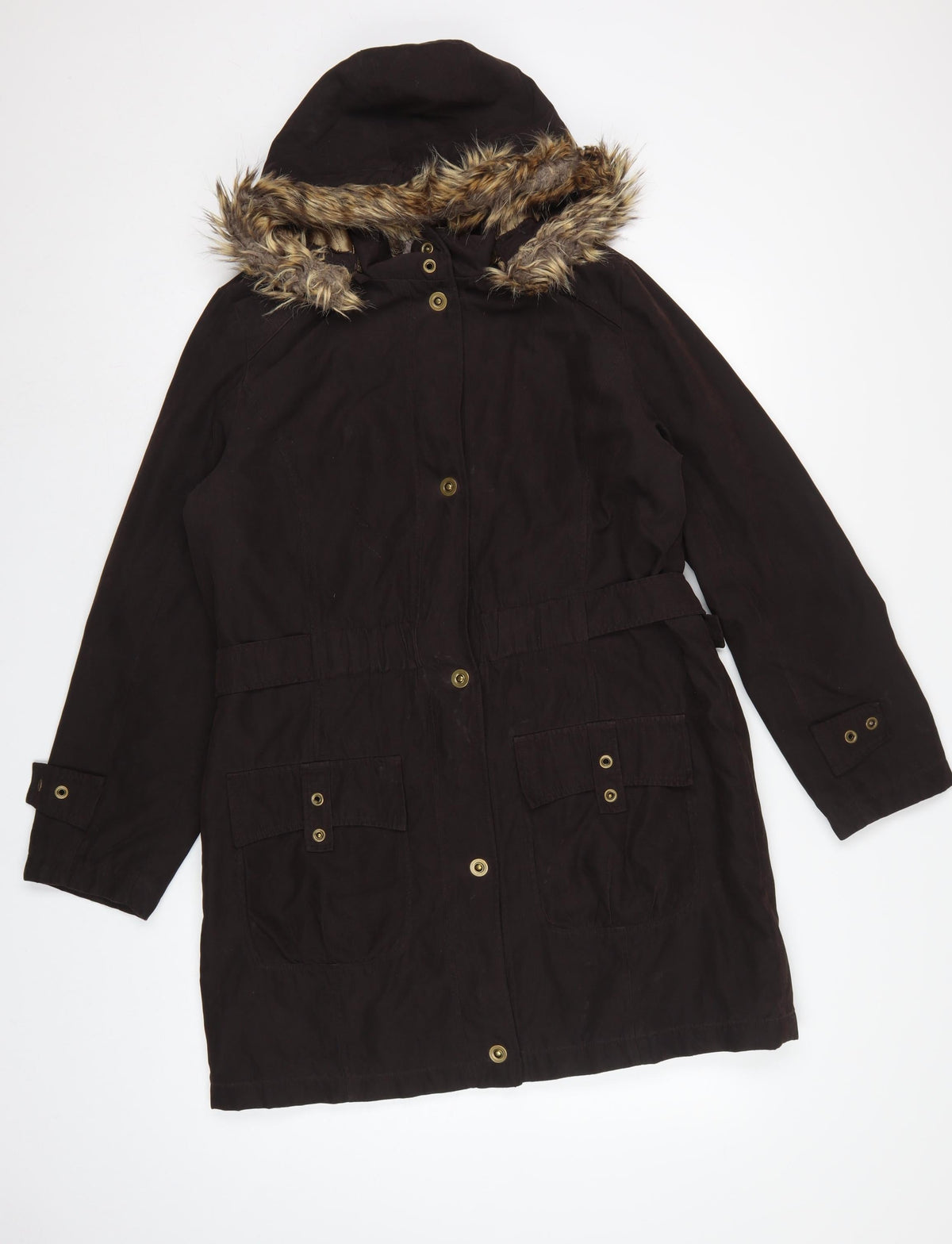 CC Womens Brown Faux Fur Trim Hooded Long Parka Coat Size M