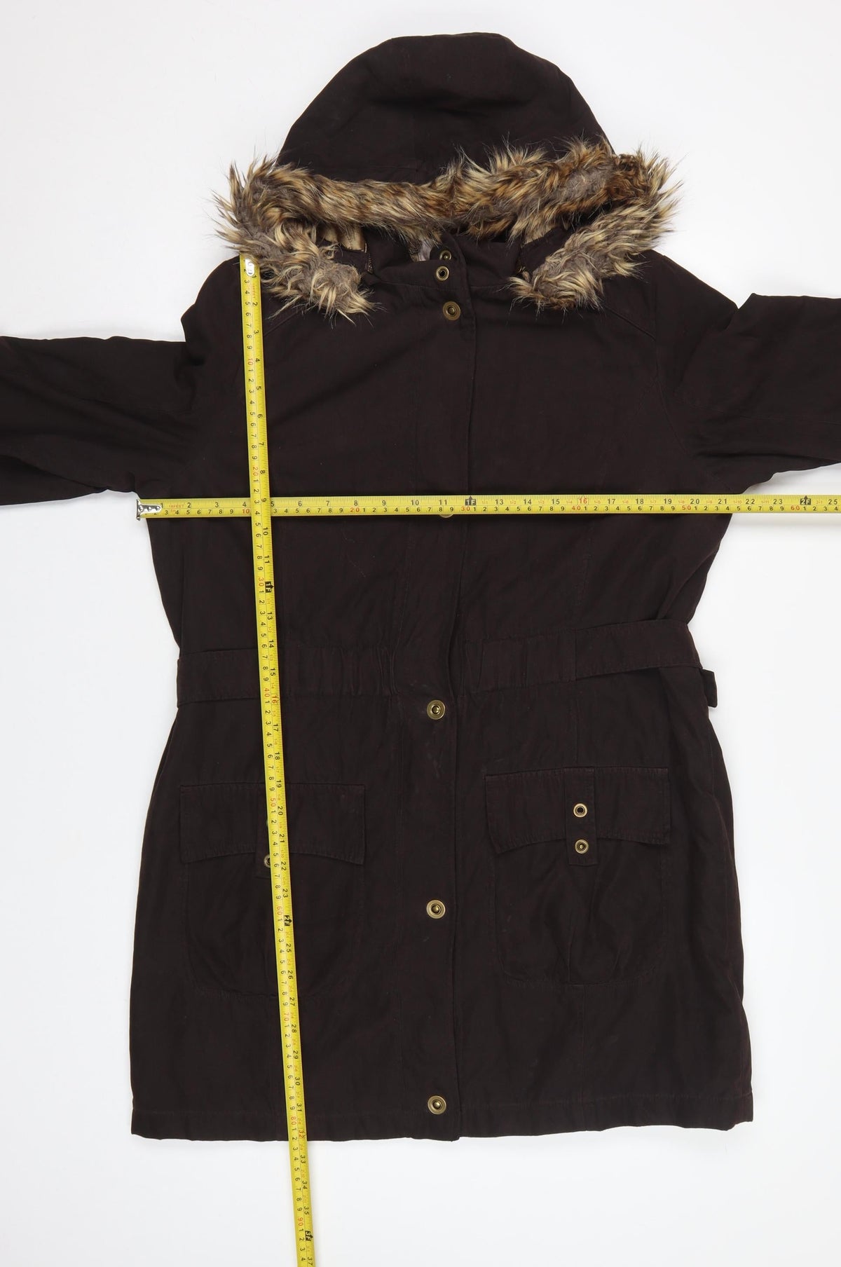 CC Womens Brown Faux Fur Trim Hooded Long Parka Coat Size M