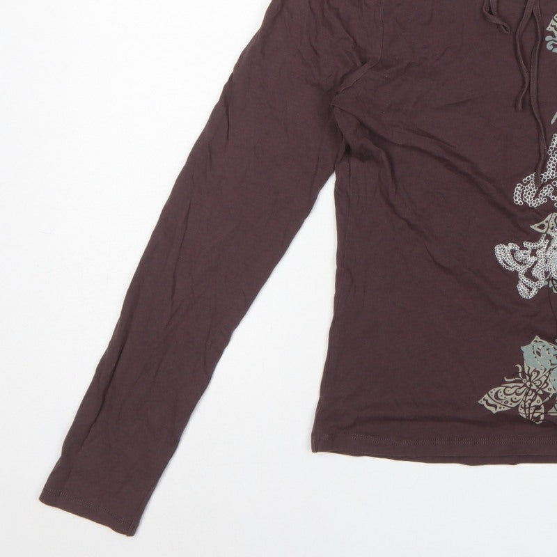 Next Women Brown UK 12 Basic Floral Tie Back Long Sleeve Jersey Top