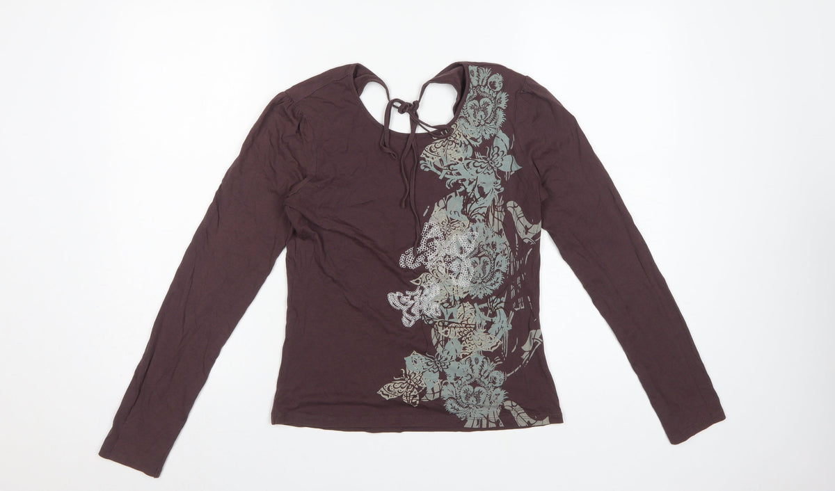 Next Women Brown UK 12 Basic Floral Tie Back Long Sleeve Jersey Top