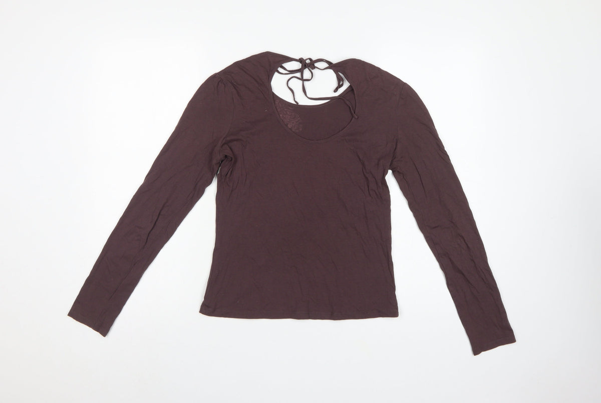Next Women Brown UK 12 Basic Floral Tie Back Long Sleeve Jersey Top