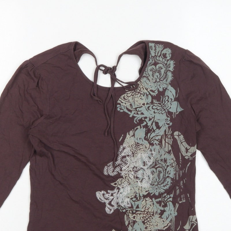 Next Women Brown UK 12 Basic Floral Tie Back Long Sleeve Jersey Top