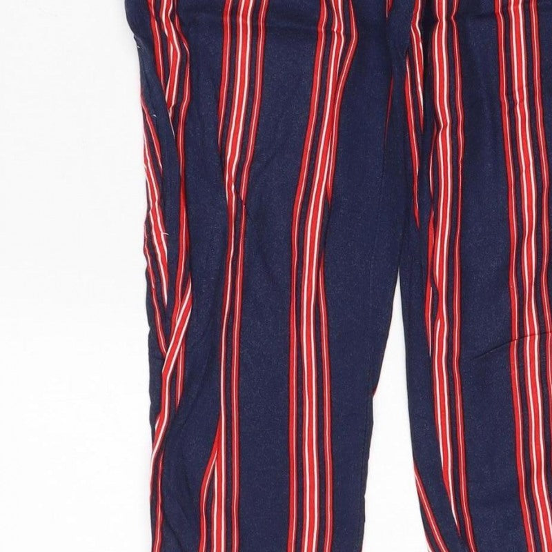 Pull&Bear Women Blue Stripe M Tie Waist Cropped Trousers