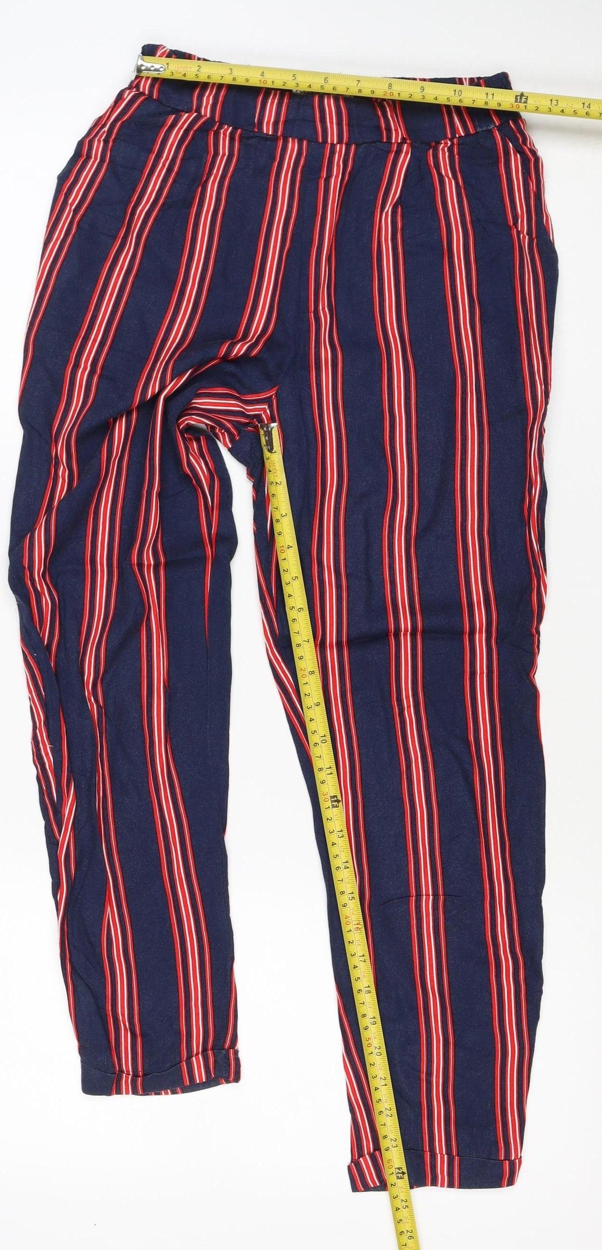 Pull&Bear Women Blue Stripe M Tie Waist Cropped Trousers