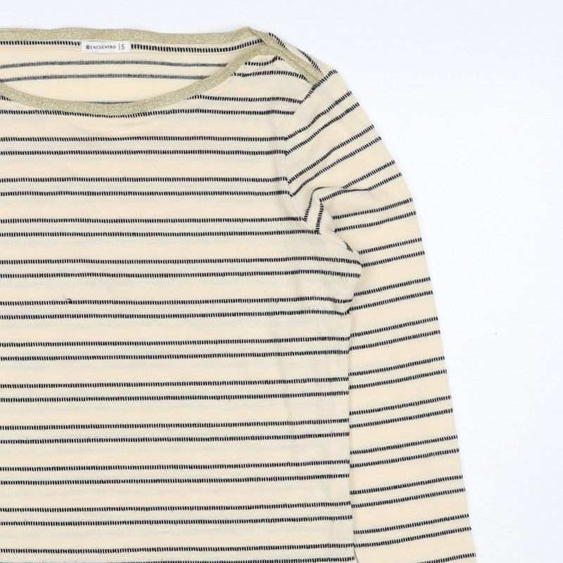 Ecuentro Women’s Ivory Stripe Gold Trim Ruffle Sleeve Top Size S