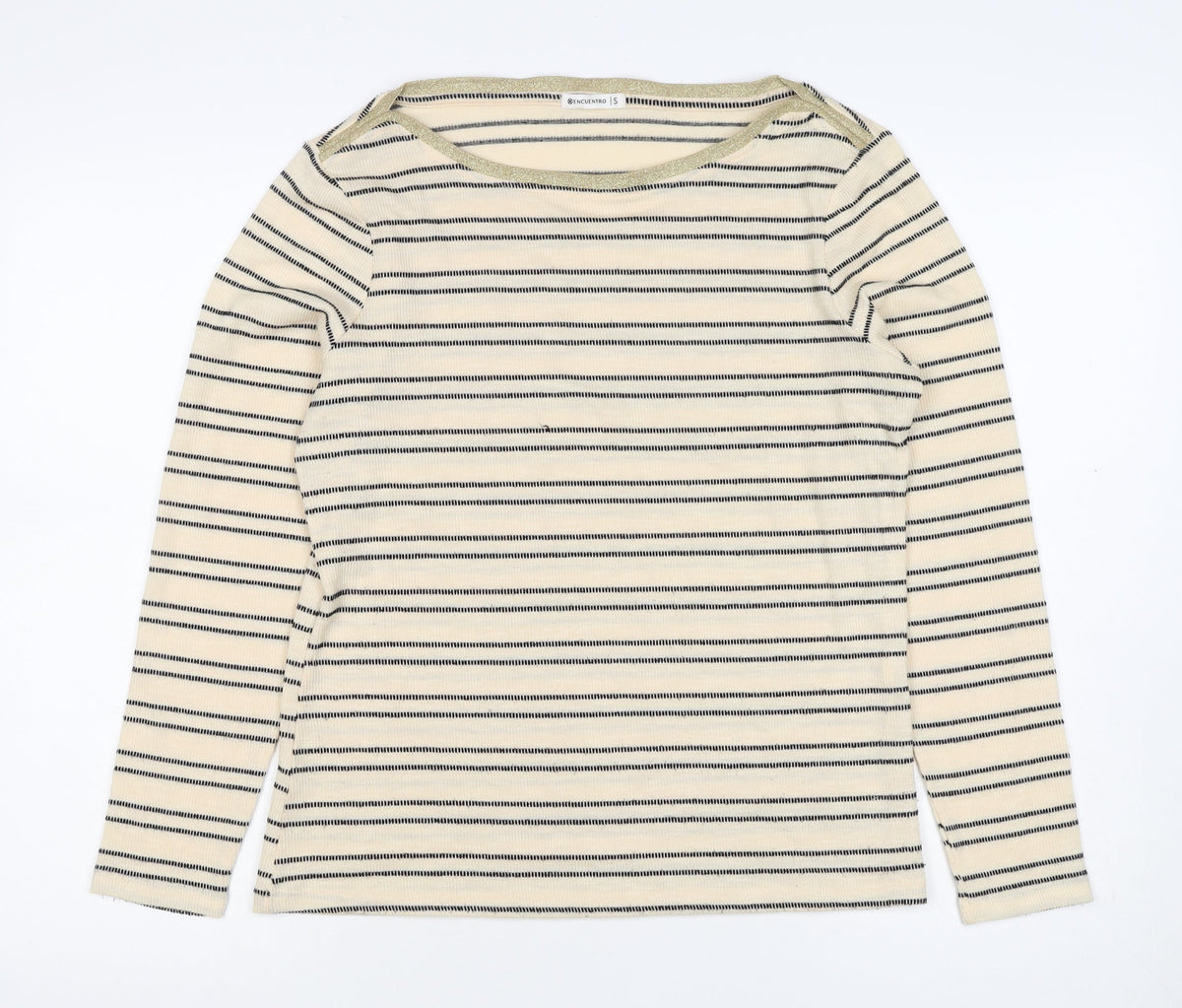 Ecuentro Women’s Ivory Stripe Gold Trim Ruffle Sleeve Top Size S