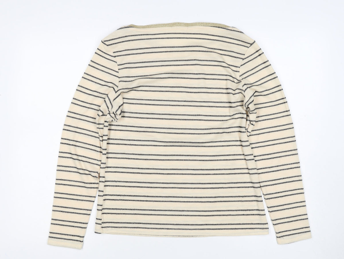 Ecuentro Women’s Ivory Stripe Gold Trim Ruffle Sleeve Top Size S