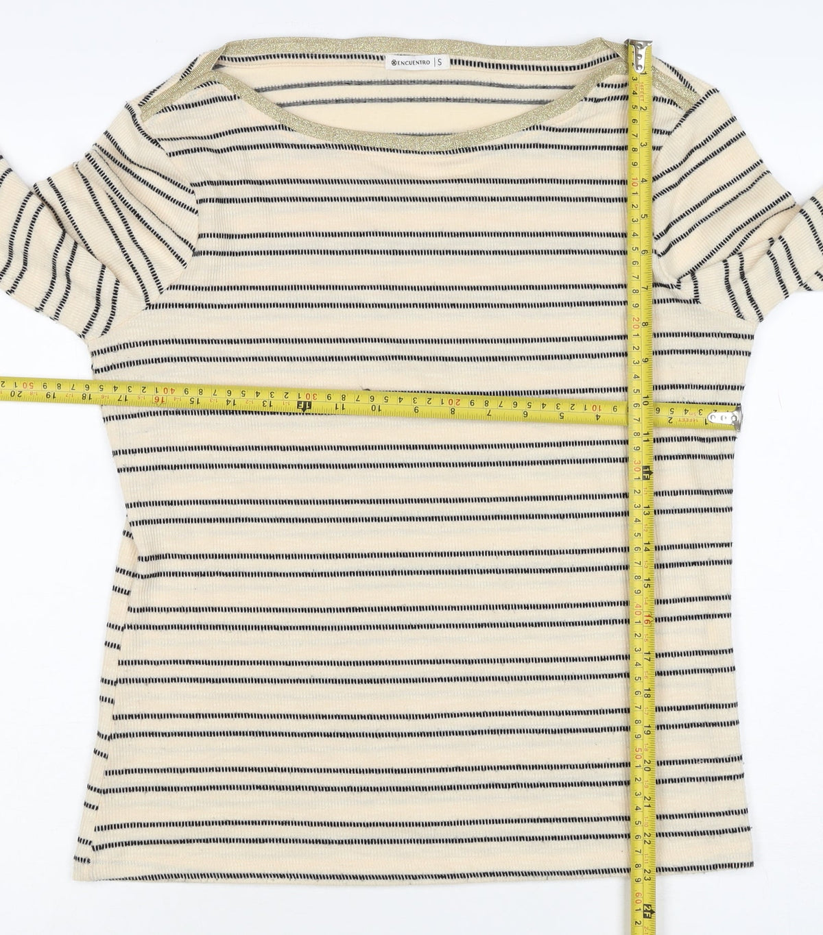 Ecuentro Women’s Ivory Stripe Gold Trim Ruffle Sleeve Top Size S