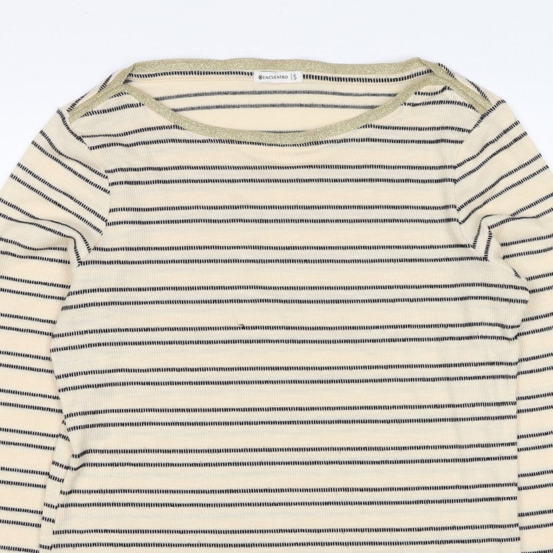 Ecuentro Women’s Ivory Stripe Gold Trim Ruffle Sleeve Top Size S