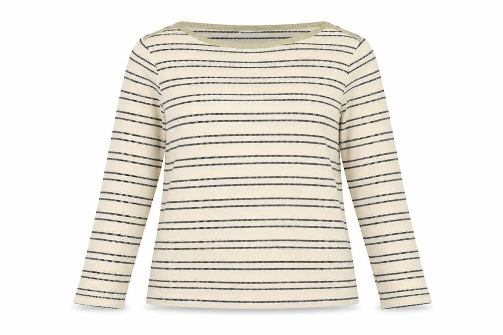 Ecuentro Women’s Ivory Stripe Gold Trim Ruffle Sleeve Top Size S