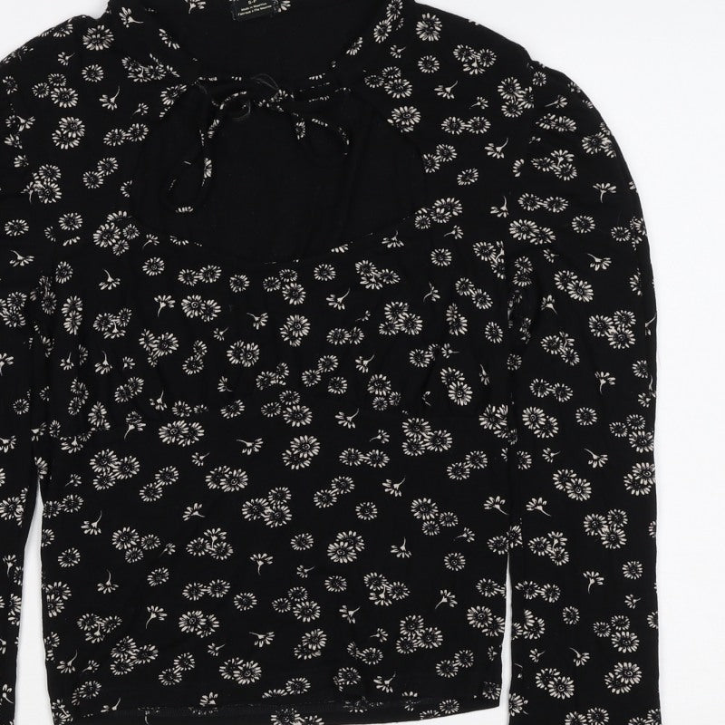 Urban Outfitters Women Black Floral Cropped Tie Neck Blouse Size S