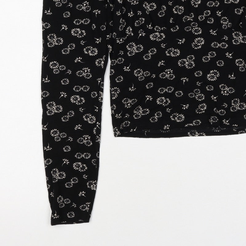 Urban Outfitters Women Black Floral Cropped Tie Neck Blouse Size S