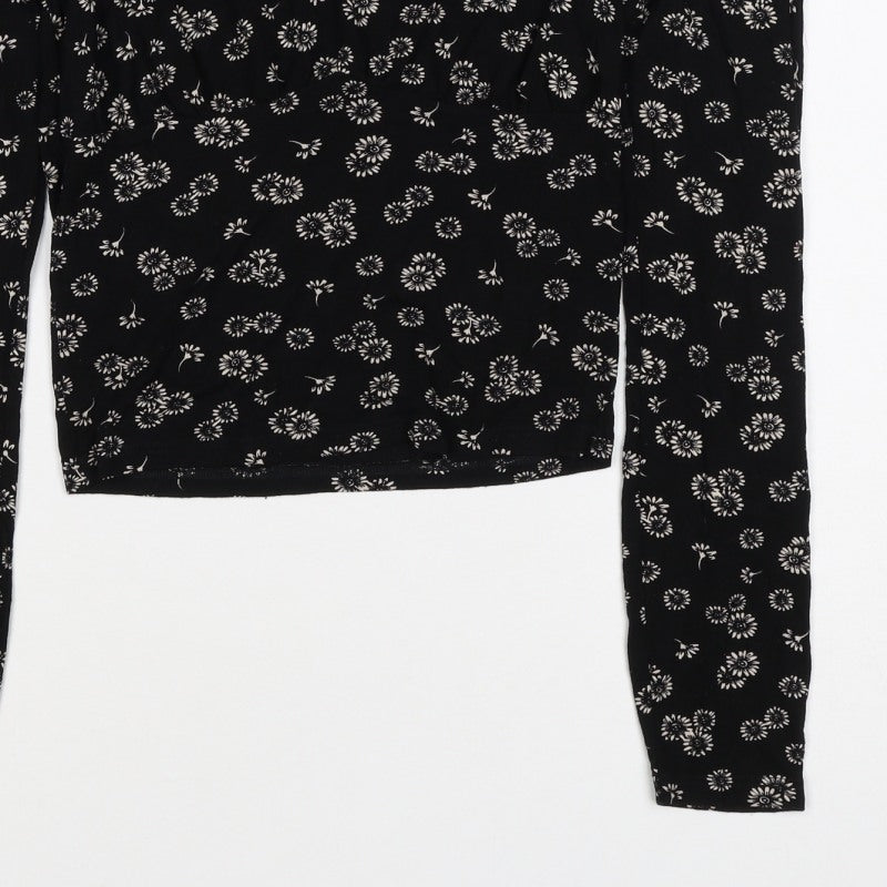 Urban Outfitters Women Black Floral Cropped Tie Neck Blouse Size S