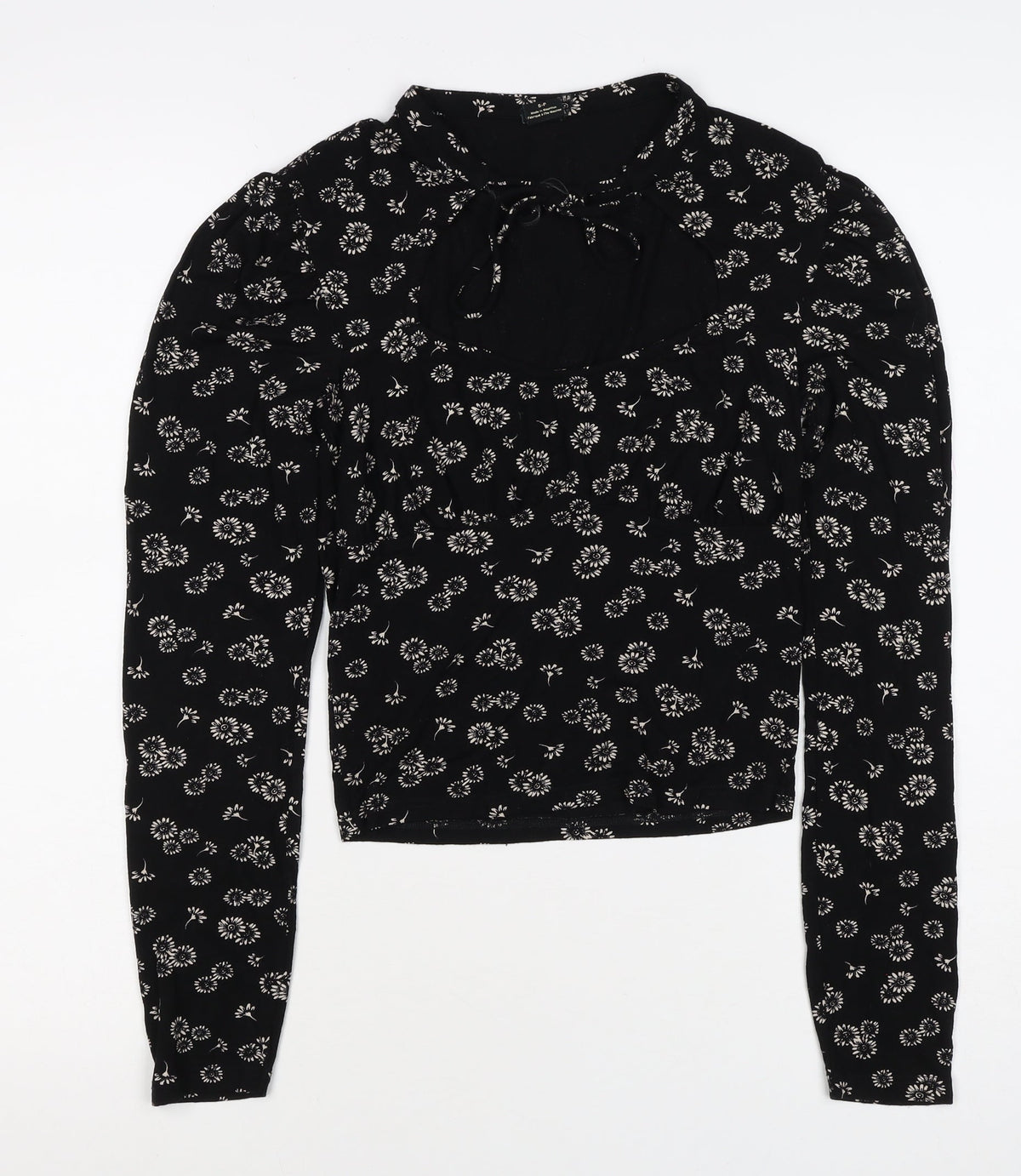 Urban Outfitters Women Black Floral Cropped Tie Neck Blouse Size S