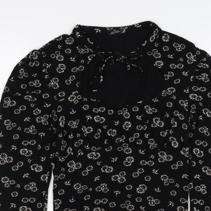 Urban Outfitters Women Black Floral Cropped Tie Neck Blouse Size S