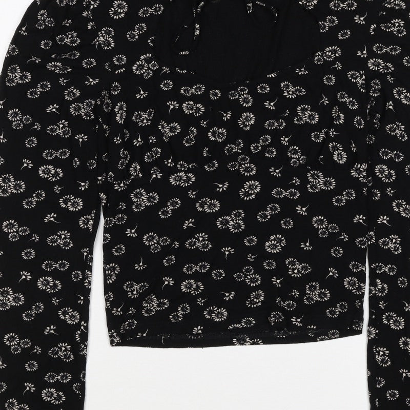 Urban Outfitters Women Black Floral Cropped Tie Neck Blouse Size S