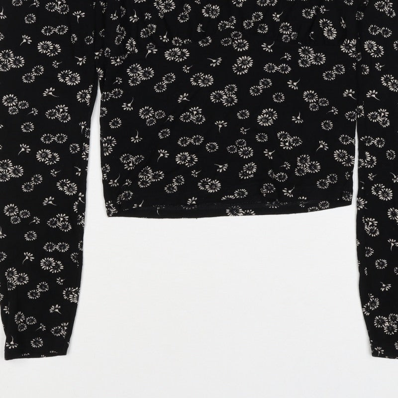 Urban Outfitters Women Black Floral Cropped Tie Neck Blouse Size S