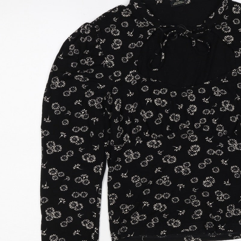 Urban Outfitters Women Black Floral Cropped Tie Neck Blouse Size S