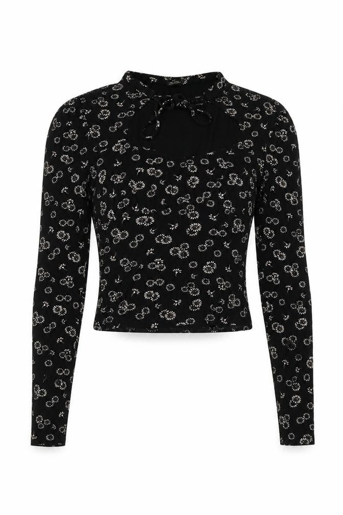Urban Outfitters Women Black Floral Cropped Tie Neck Blouse Size S