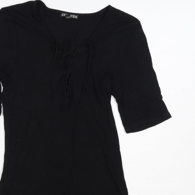 Express Women Black M Lace-Up Ribbed Tunic Blouse 3/4 Bell Sleeve