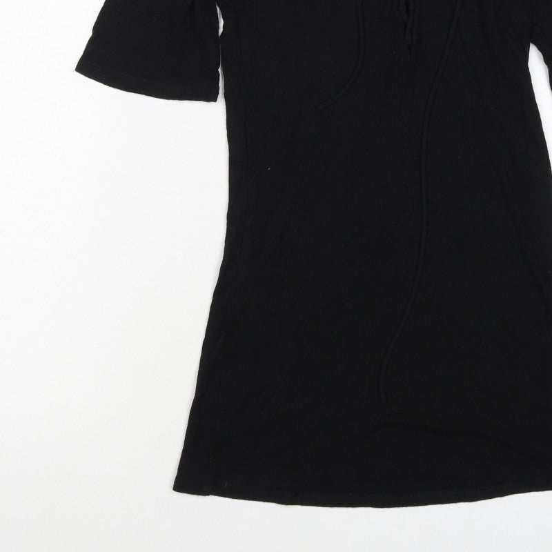 Express Women Black M Lace-Up Ribbed Tunic Blouse 3/4 Bell Sleeve