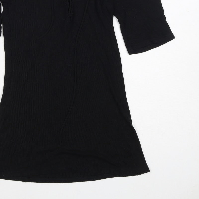 Express Women Black M Lace-Up Ribbed Tunic Blouse 3/4 Bell Sleeve