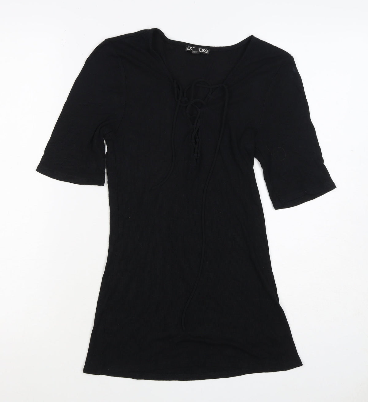 Express Women Black M Lace-Up Ribbed Tunic Blouse 3/4 Bell Sleeve
