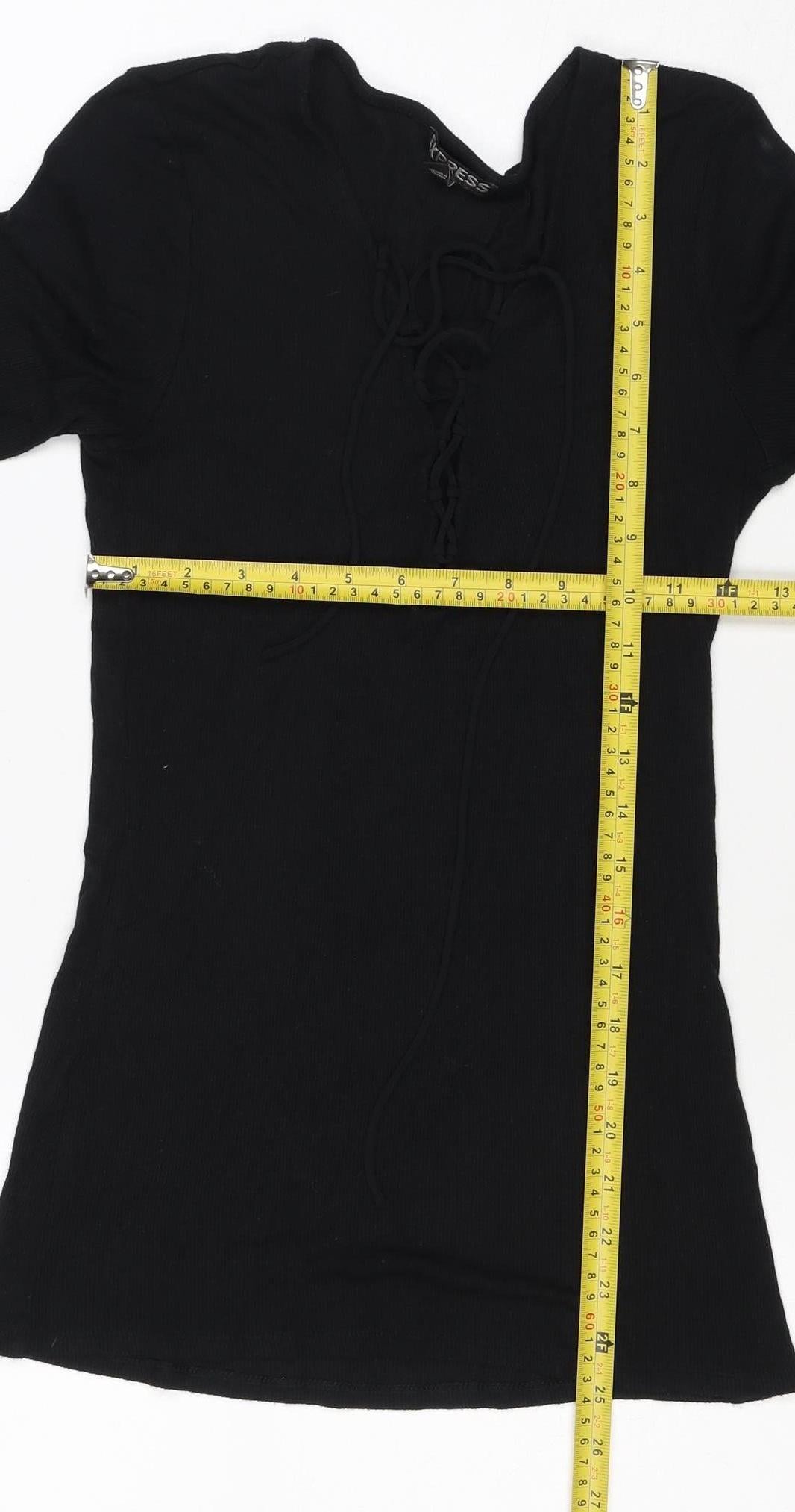 Express Women Black M Lace-Up Ribbed Tunic Blouse 3/4 Bell Sleeve
