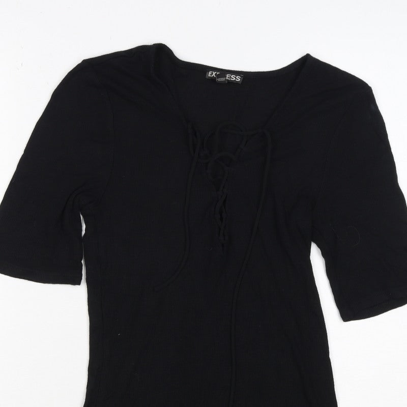 Express Women Black M Lace-Up Ribbed Tunic Blouse 3/4 Bell Sleeve