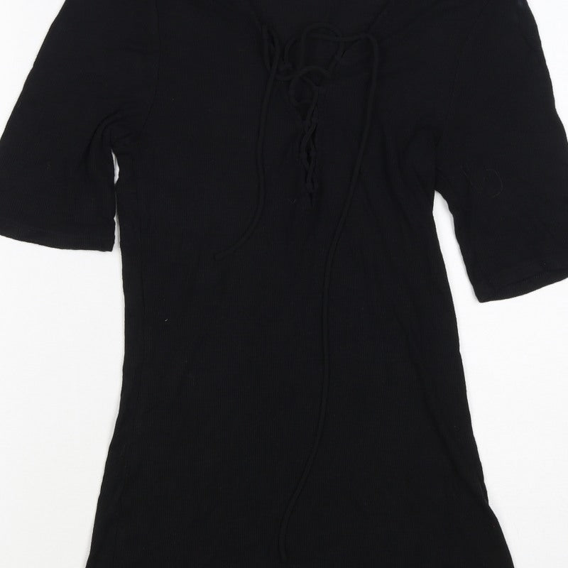 Express Women Black M Lace-Up Ribbed Tunic Blouse 3/4 Bell Sleeve