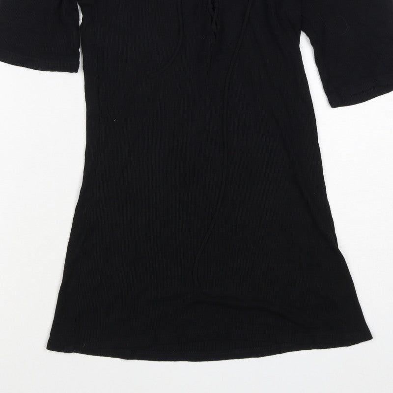 Express Women Black M Lace-Up Ribbed Tunic Blouse 3/4 Bell Sleeve