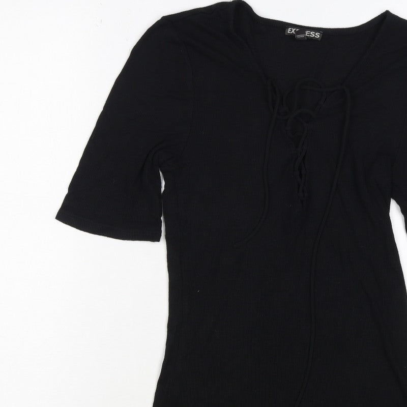 Express Women Black M Lace-Up Ribbed Tunic Blouse 3/4 Bell Sleeve