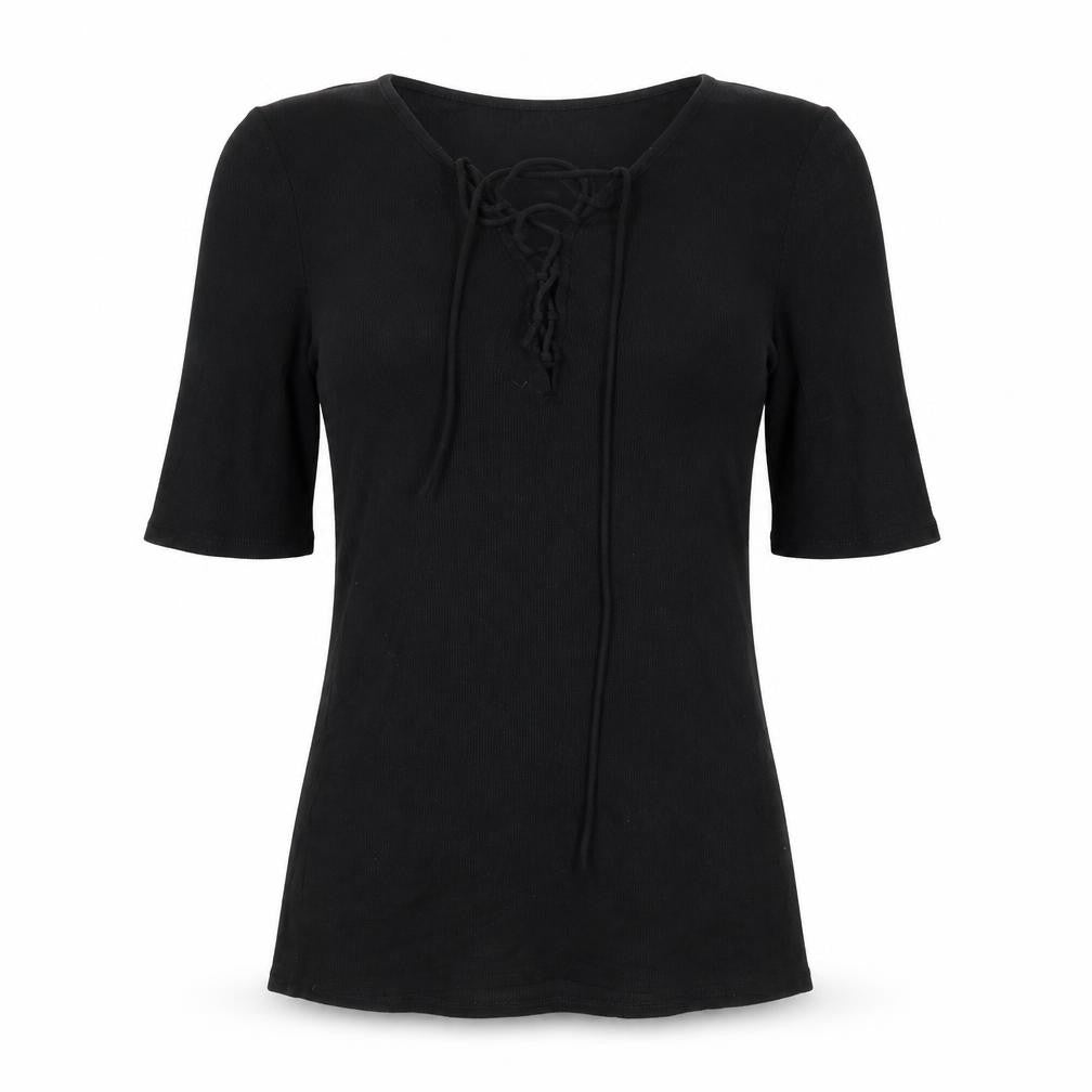Express Women Black M Lace-Up Ribbed Tunic Blouse 3/4 Bell Sleeve
