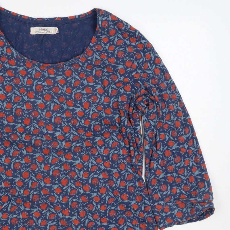 Seasalt Women Blue Floral Organic Cotton 3/4 Sleeve Blouse UK 18