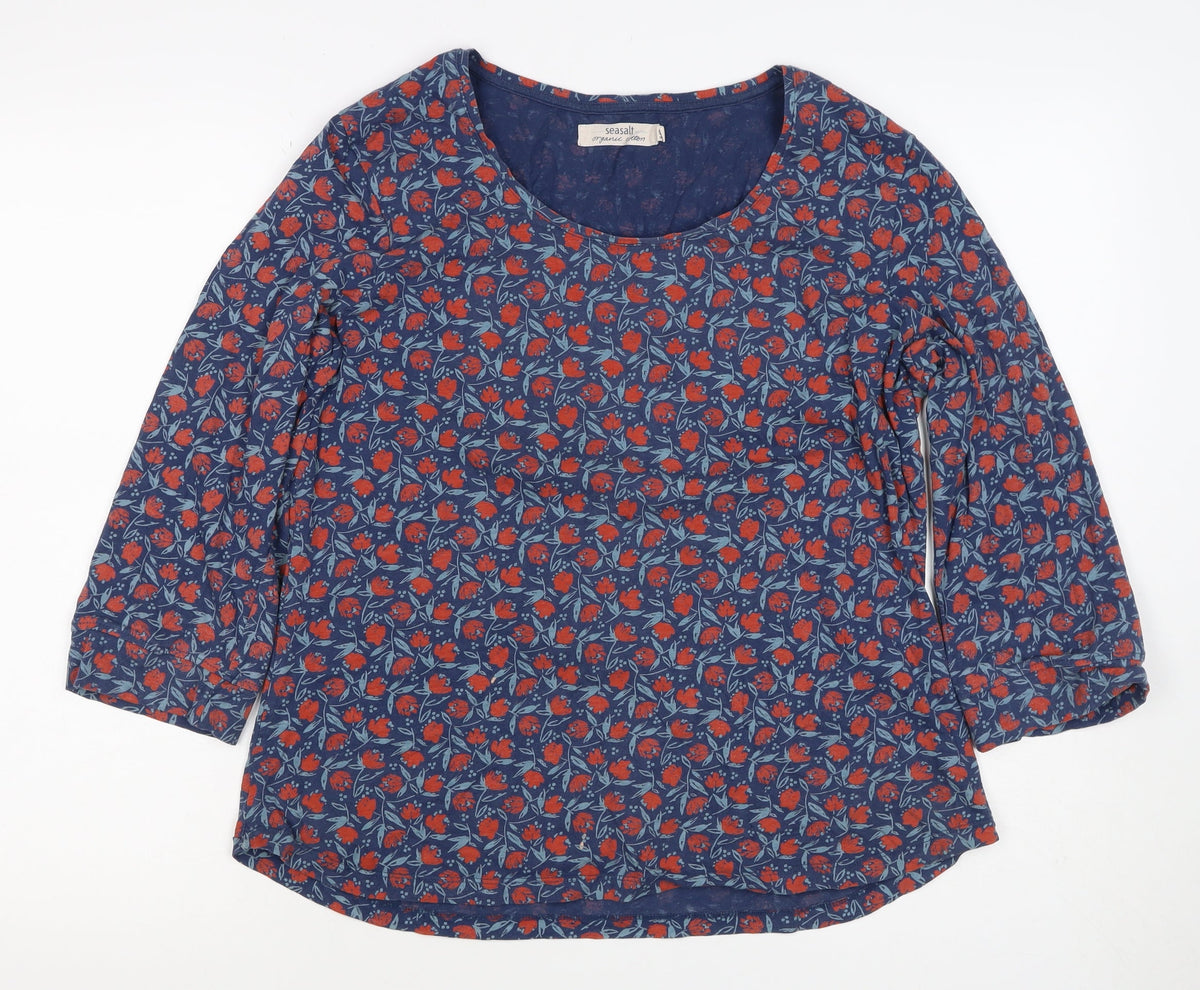 Seasalt Women Blue Floral Organic Cotton 3/4 Sleeve Blouse UK 18