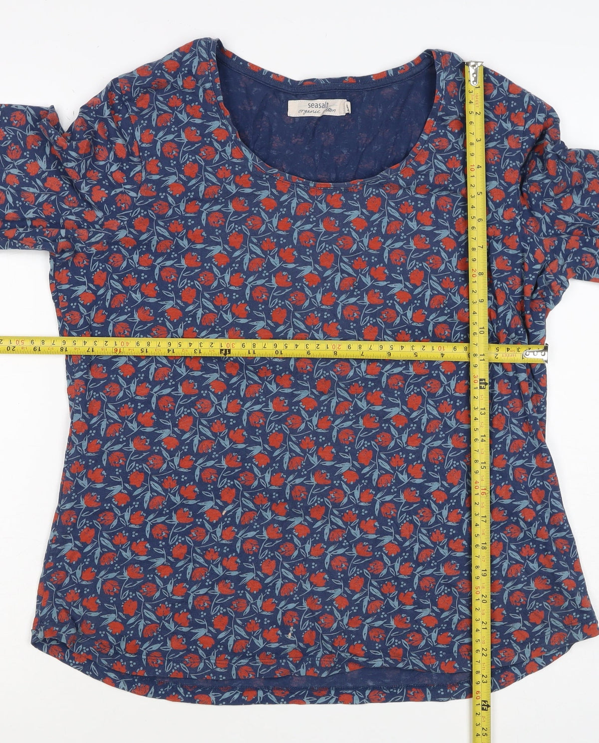Seasalt Women Blue Floral Organic Cotton 3/4 Sleeve Blouse UK 18