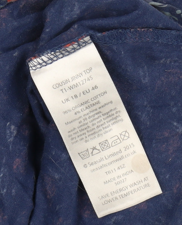 Seasalt Women Blue Floral Organic Cotton 3/4 Sleeve Blouse UK 18
